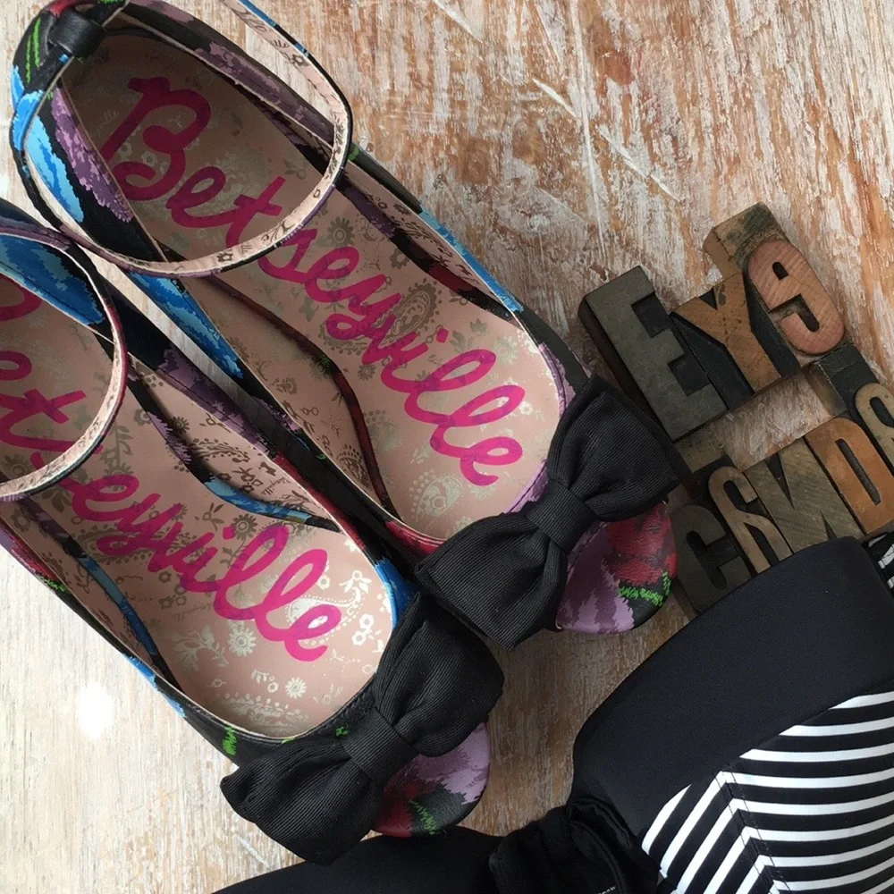 Betsey Johnson Multi-Color Floral Platform Sandals with Black Bows